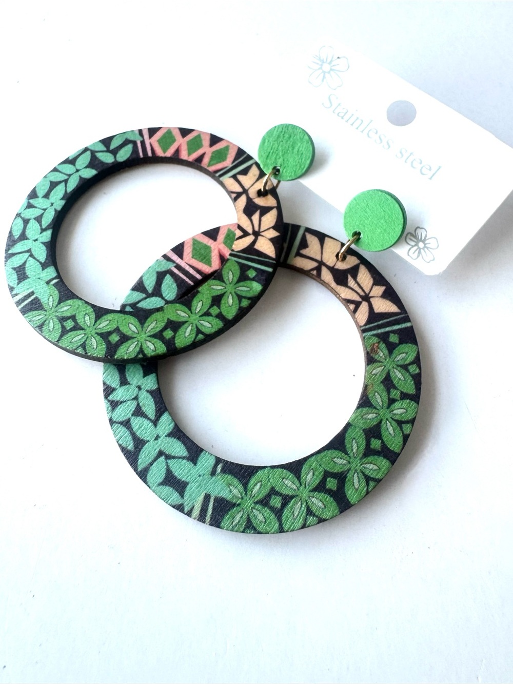 Green Floral Hoop Earrings - Stainless Steel